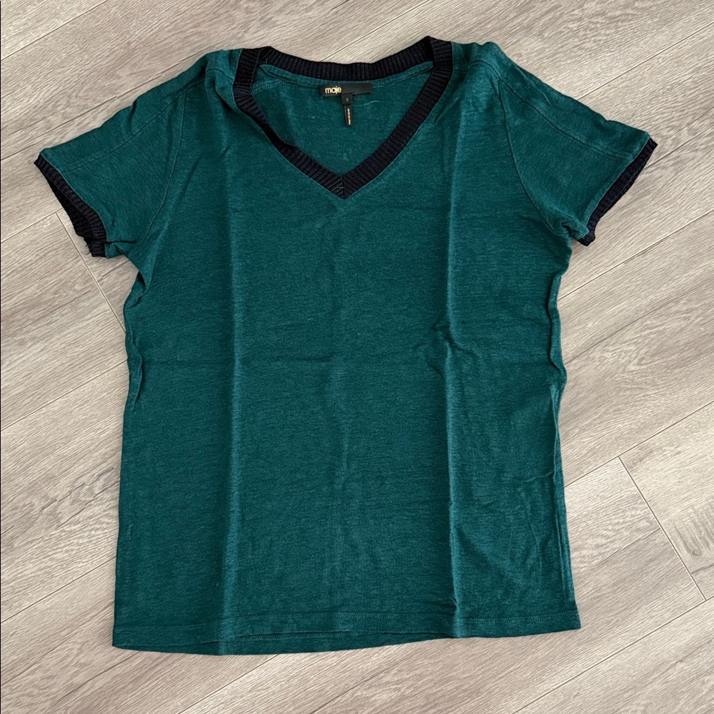 Maje Teal and Black V-Neck Short Sleeve Top